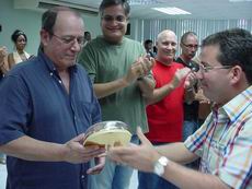 Here, troubadour Silvio Rodríguez received a copy of the Shield in Camagüey, Cuba.